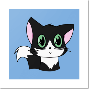 Cute Black and White Cat With Green Eyes Posters and Art